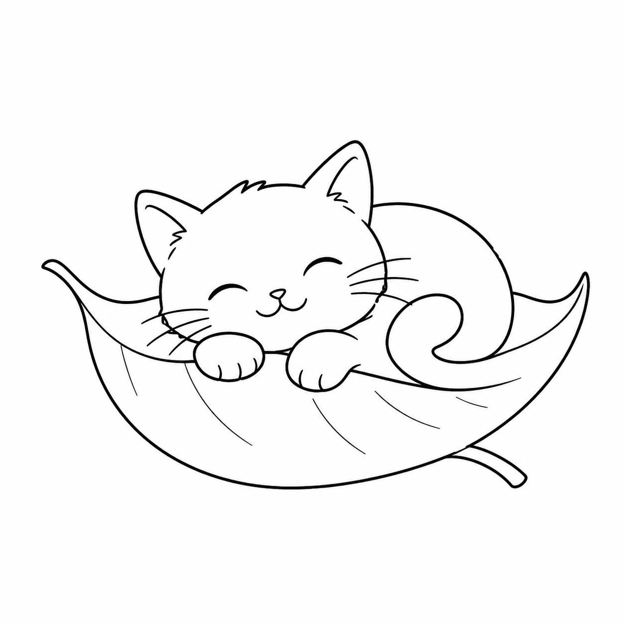 A happy cat resting on a leaf